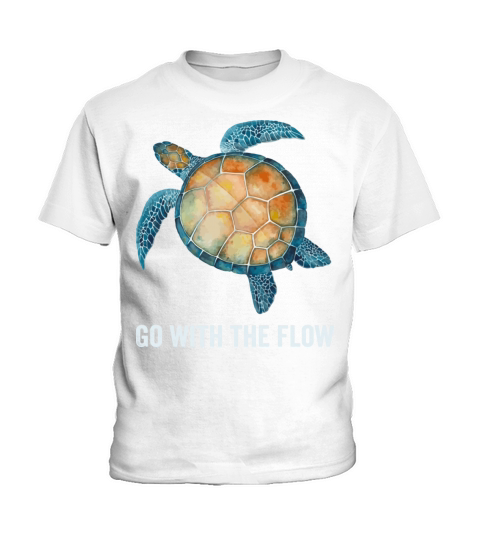 Sea Green Turtle Watercolor Go With The Flow Quote Kids T-Shirt