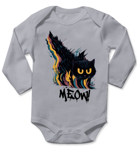 Cute Vintage Meow Angry Cat Colorful Art Design Long Sleeve Baby One-Piece