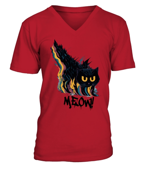 Cute Vintage Meow Angry Cat Colorful Art Design V-Neck T-shirt