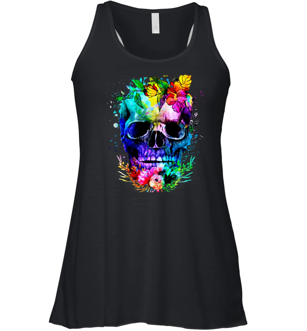 Watercolor Skull and Flowers Cool Women's Flowy Tank Top