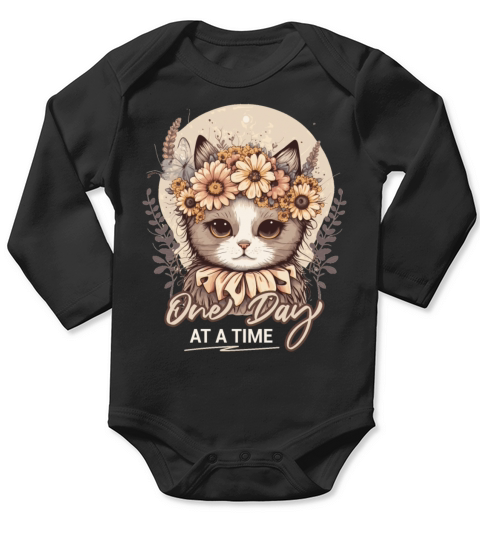 One Day At a Time Cute Cat Animal Positive Mental Long Sleeve Baby One-Piece