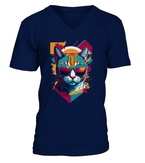 Vintage Vibes and Feline Flair Retro Cool Cat V-Neck T-shirt