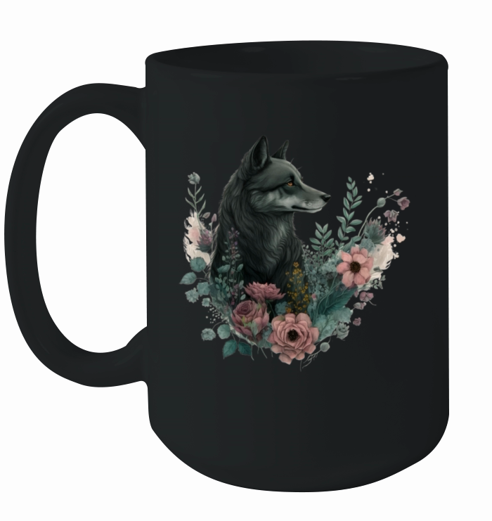 Colorful Wolf with Flowers Ceramic Mug