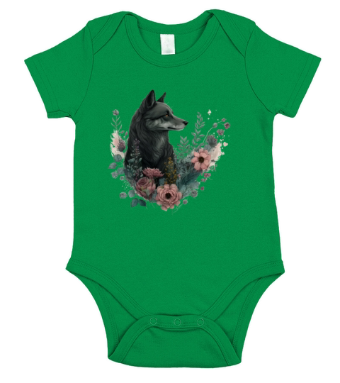 Colorful Wolf with Flowers Short Sleeve Baby One-Piece