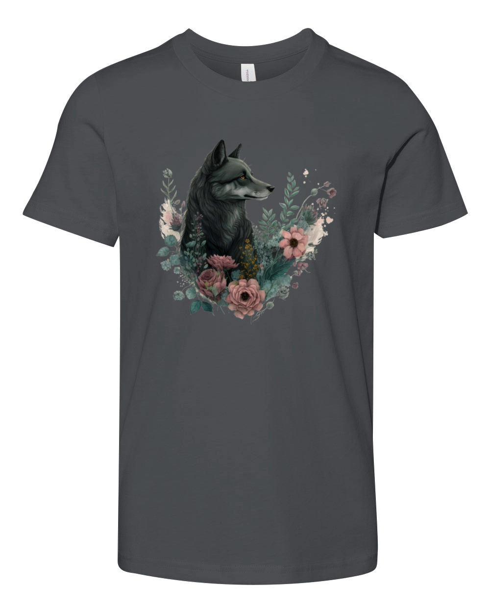 Colorful Wolf with Flowers Youth Unisex Jersey Tee