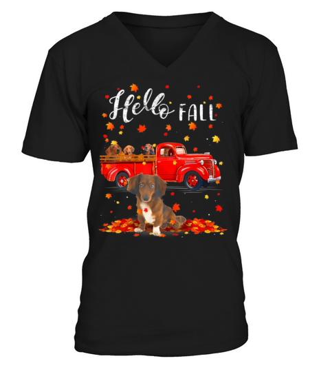 Maple Dachshund Dog Leaf Fall Autumn Red Truck V-Neck T-shirt