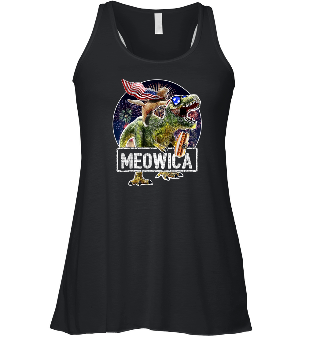 Meowica American Flag Cat T Rex Dinosaur 4th Of July shirt Women's Flowy Tank Top