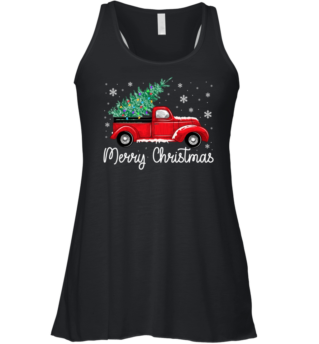 Vintage Red Truck With Merry Christmas Tree Women's Flowy Tank Top