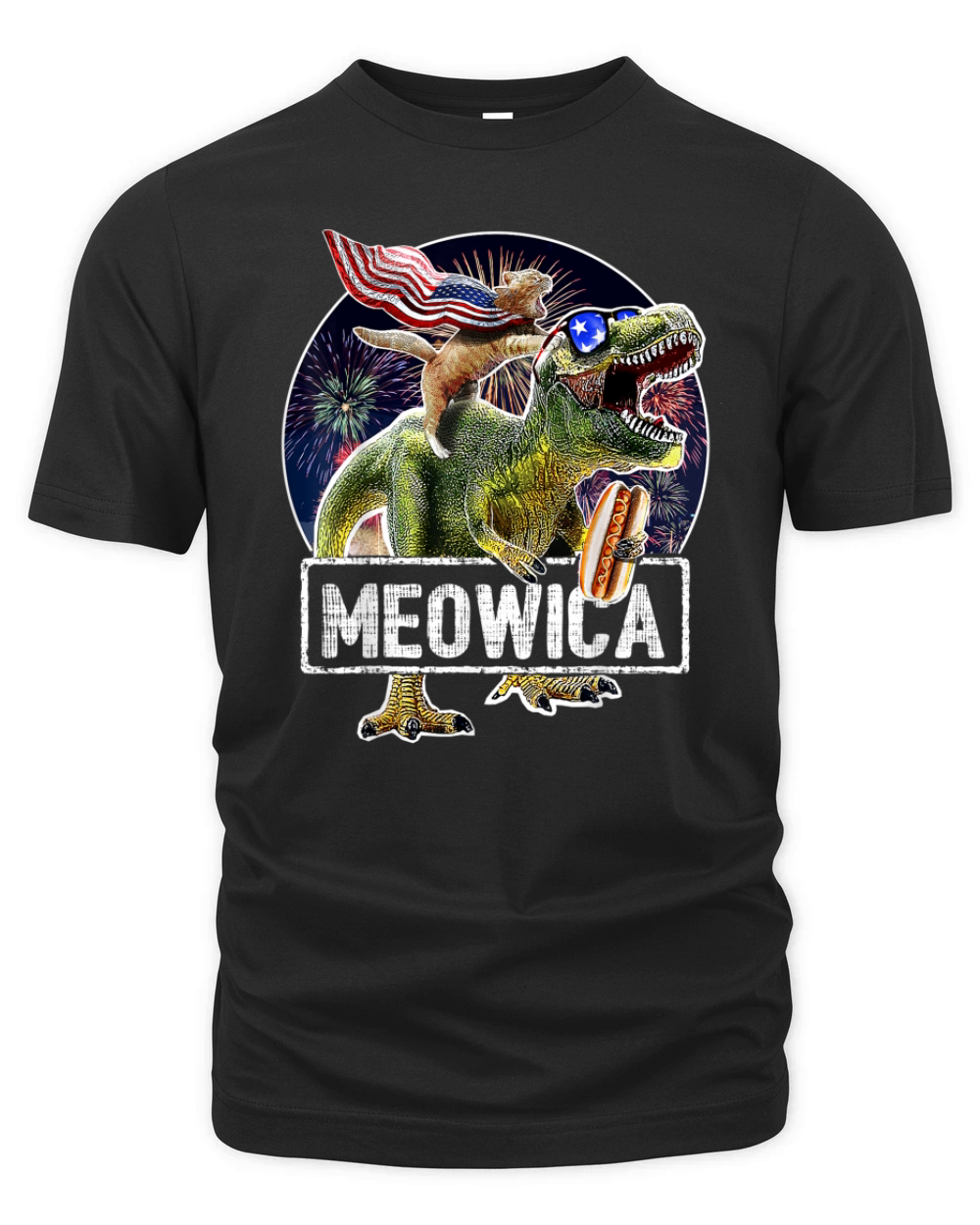 Meowica American Flag Cat T Rex Dinosaur 4th Of July shirt Organic Unisex T-shirt