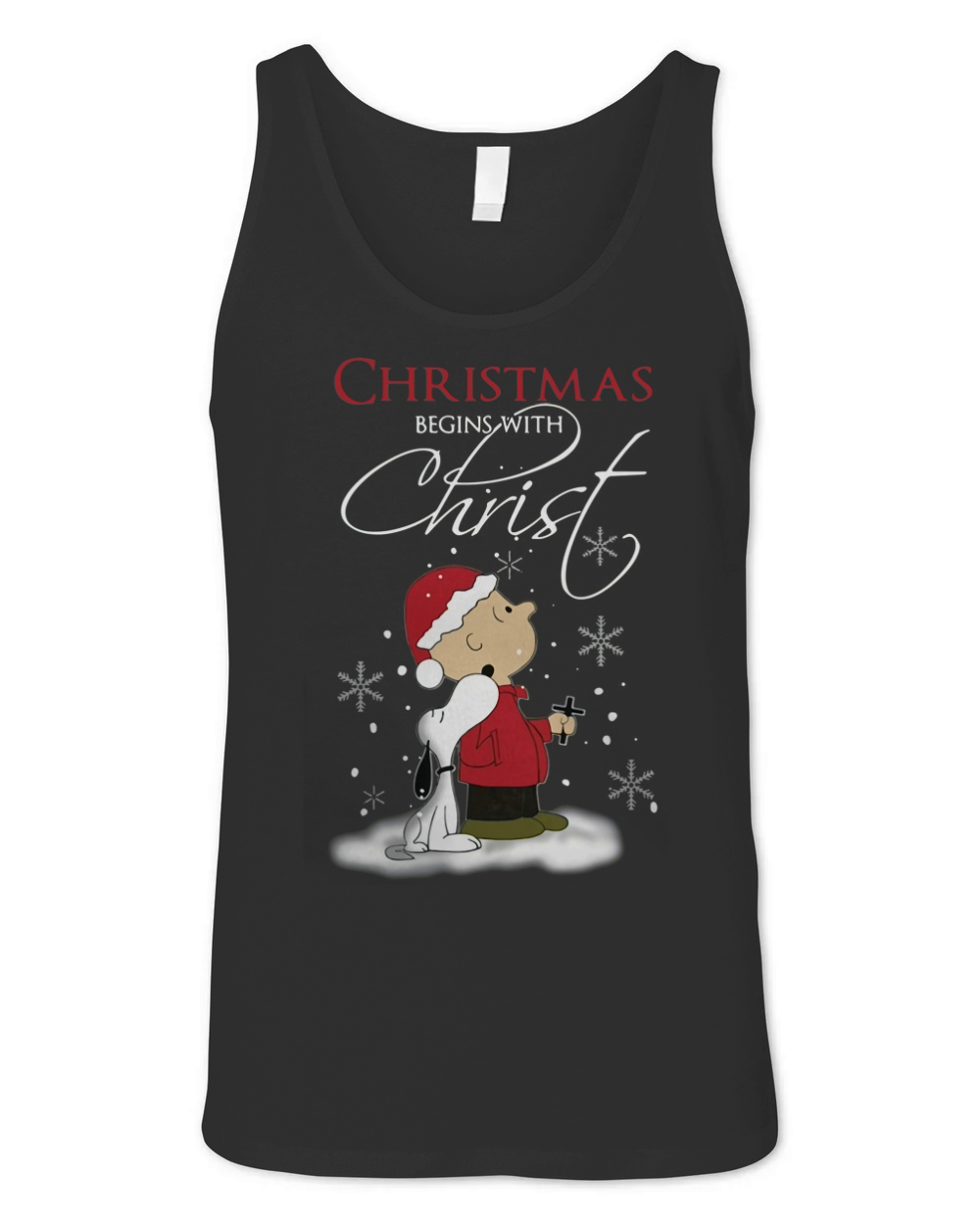 Snoopy and Charlie Christmas begins with Christ Unisex Jersey Tank